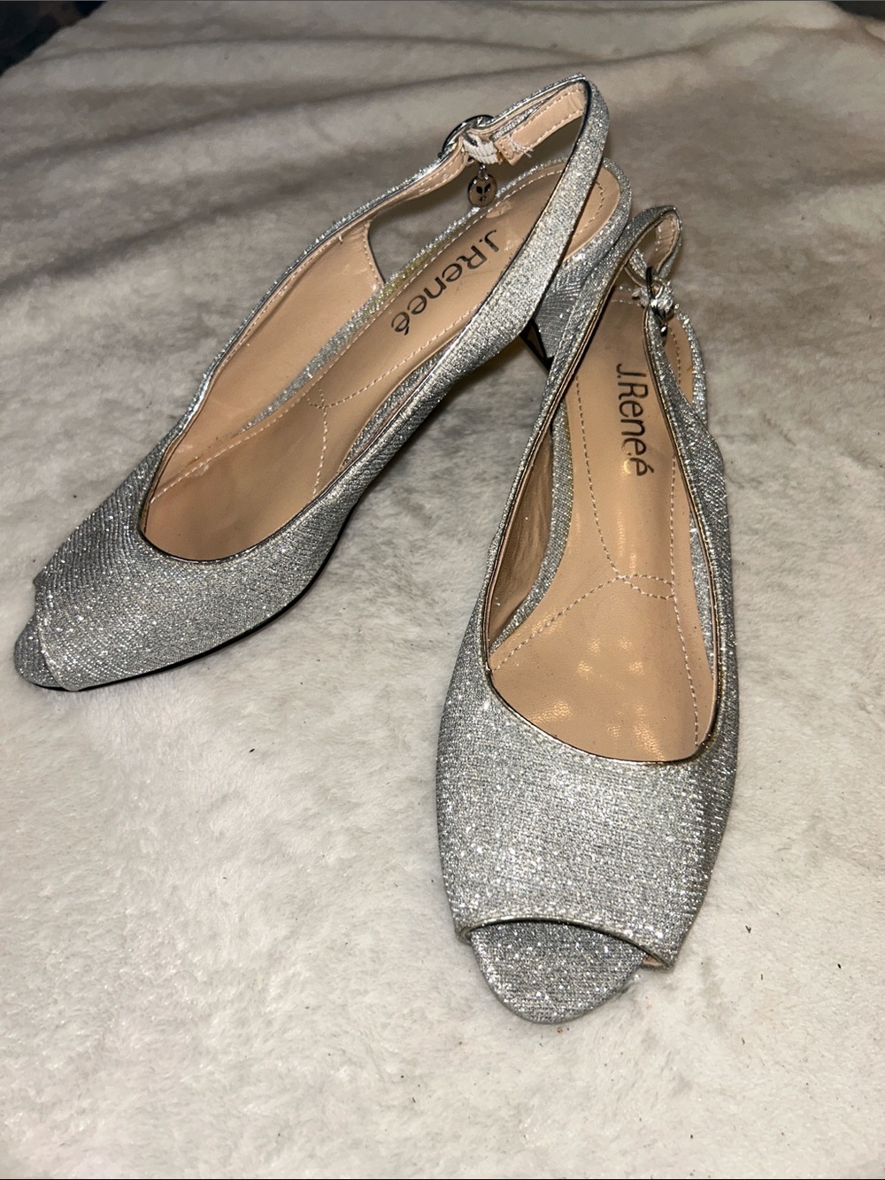 J.Renee Silver Glitter Peep-Toe Slingback Heels